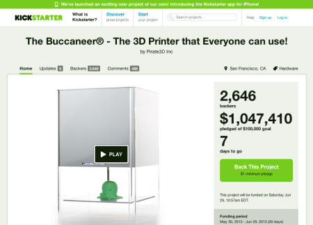 シンガポールのPirate3D、Kickstarterにて激安3Dプリンタの開発資金100万ドルを収集