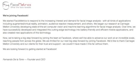 Facebook、顔認識技術のスタートアップFacioMetricsを買収